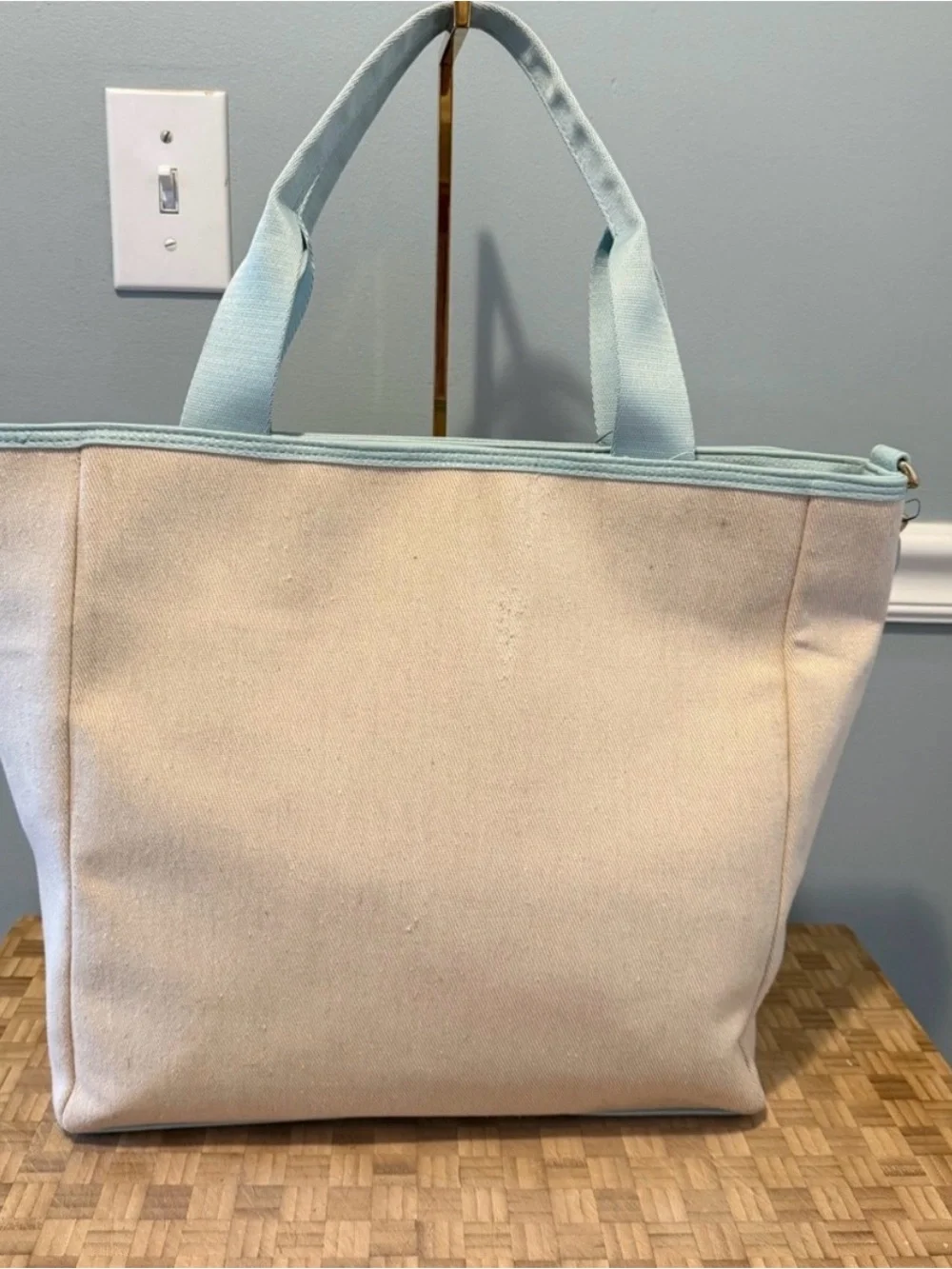 Nanette Lepore Canvas Tote Bag natural canvas body, light blue guitar strap Nwt